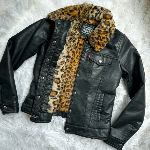 [ Levi’s ] Women’s Leopard Print Fur Lined Leather Jacket - Picture 3 of 16